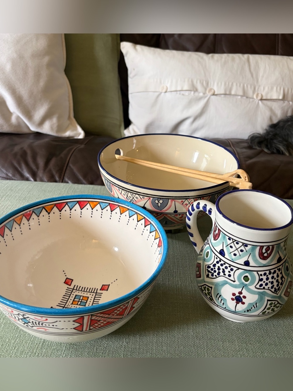 Handcrafted Le Souk Ceramique Mug, Bowl & Serghini Bowl w/Hand Carved Chopsticks - Picture 3 of 15